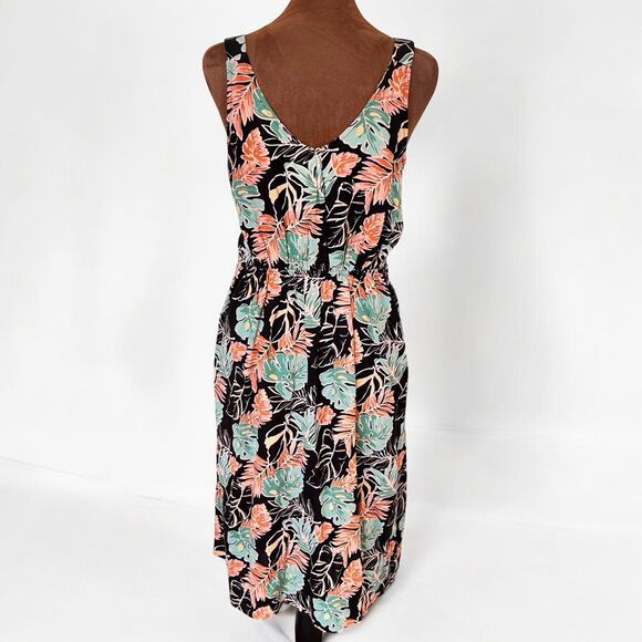 Linen Tropical Hawaiian Floral Vacation Summer Dress Sleeveless M Green Orange - Picture 4 of 11